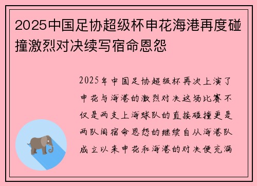 2025中国足协超级杯申花海港再度碰撞激烈对决续写宿命恩怨