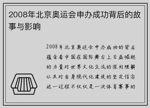 2008年北京奥运会申办成功背后的故事与影响